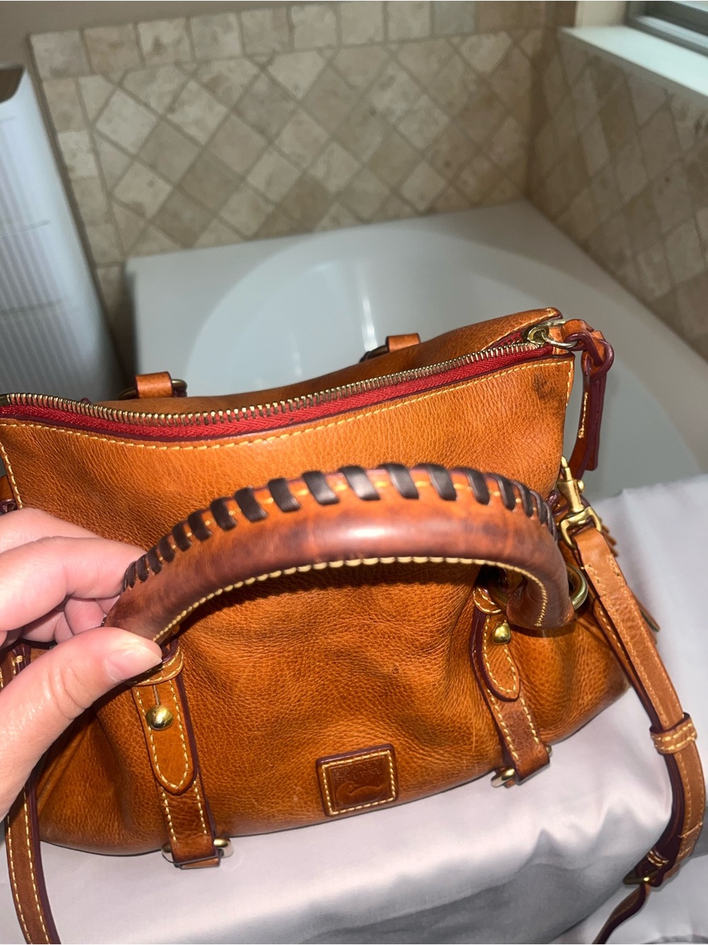 Dooney & Bourke Florentine Cognac Satchel with Tassel - Picture 3 of 16